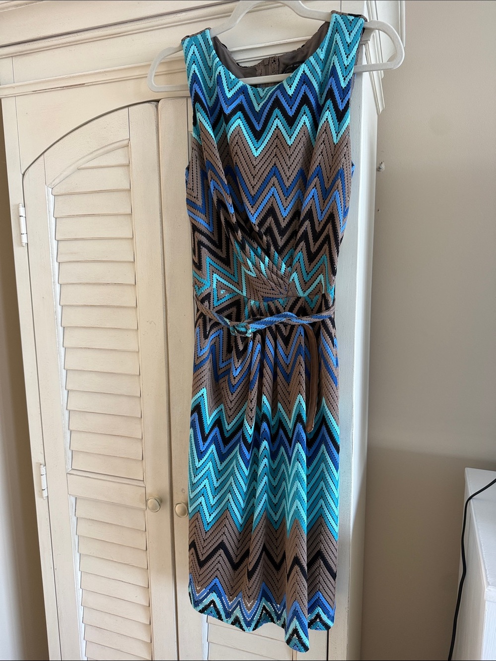 David Meister Chevron V-Neck Dress in Turquoise, Blue, Brown